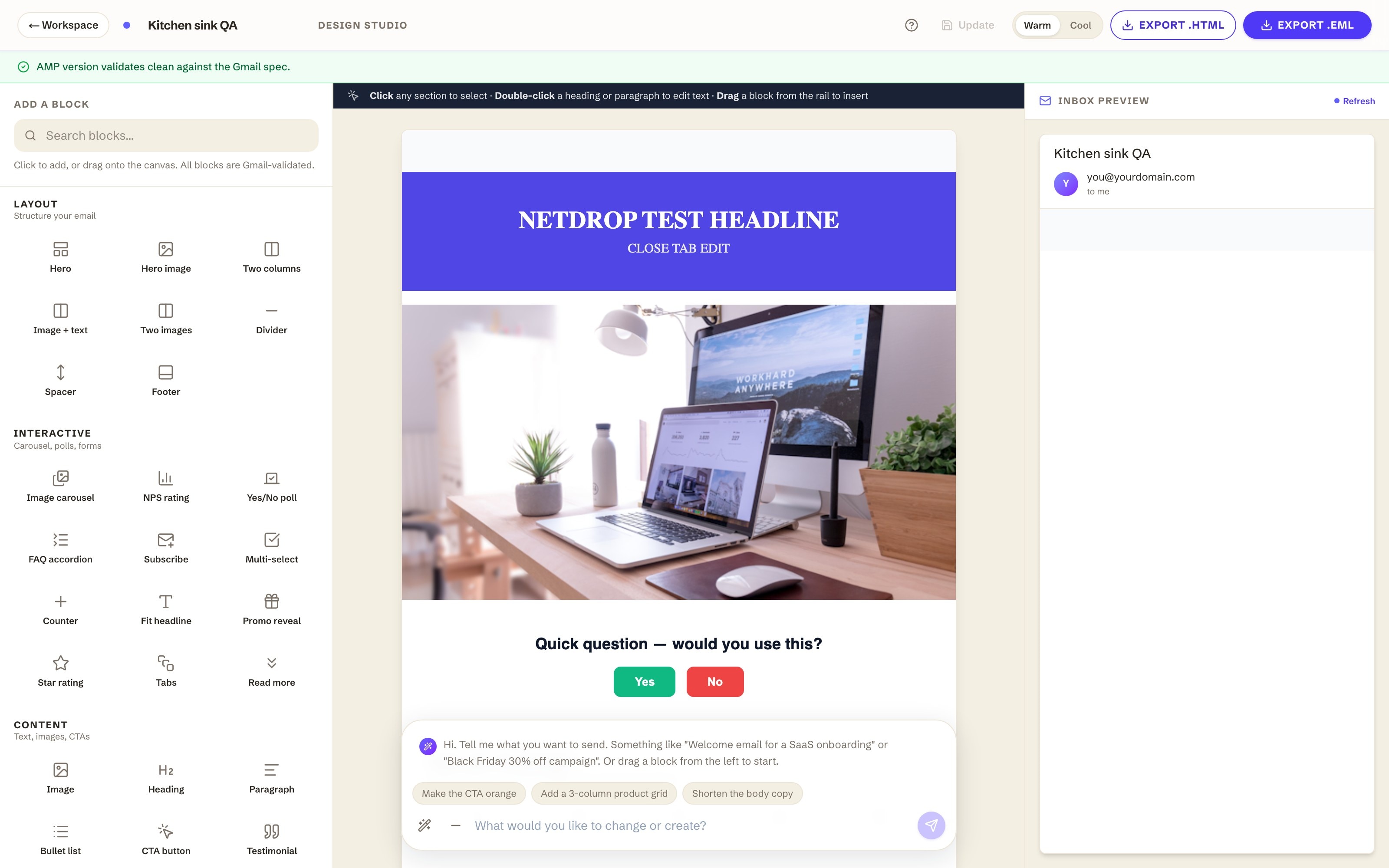 Nextelio Easy AMP4Email interface