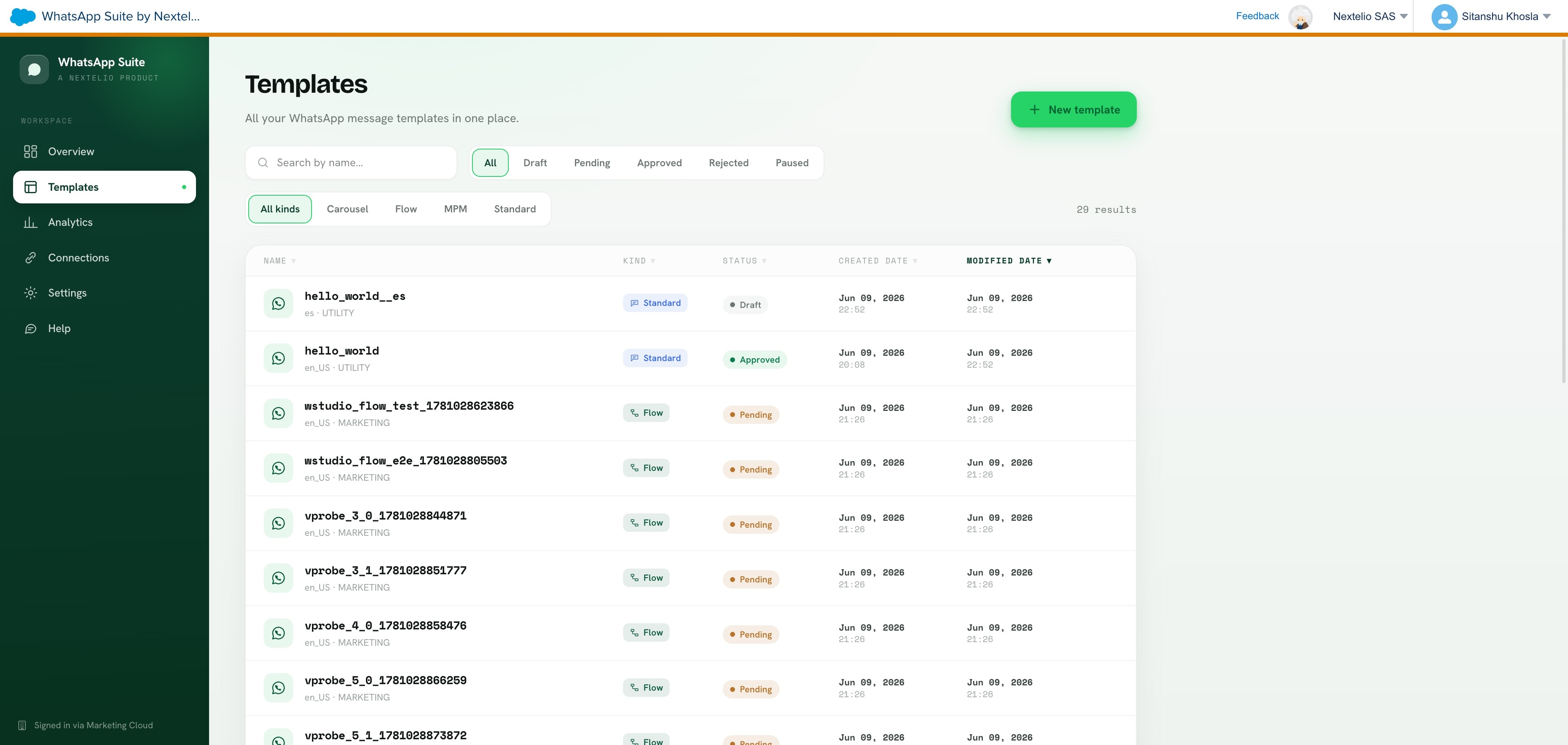 Templates list inside the WhatsApp Suite