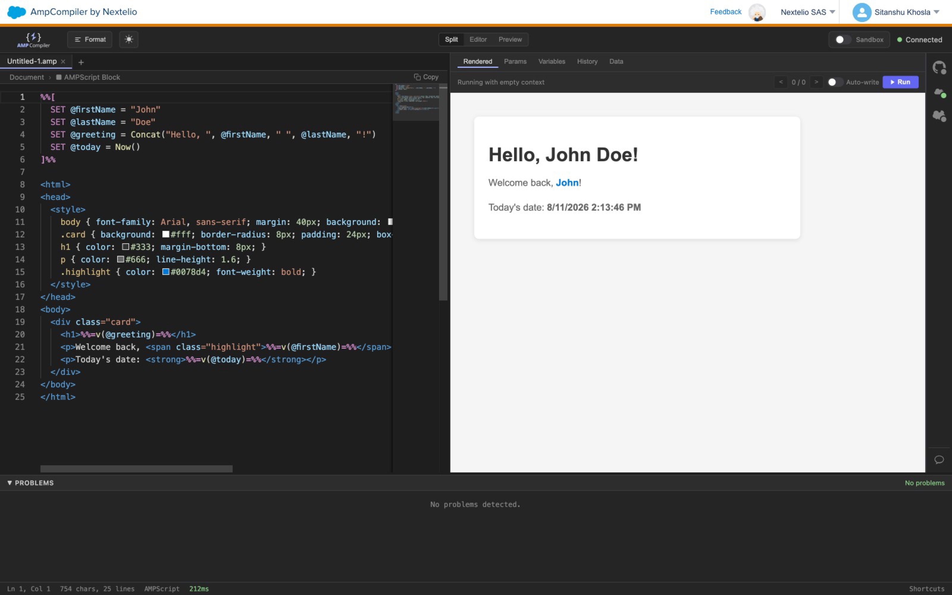 Nextelio AMP Compiler editor with syntax-highlighted AMPscript and live preview